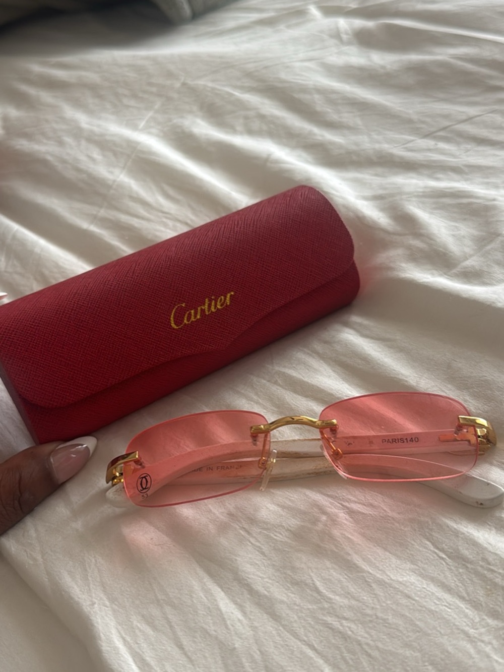 DUPE Cartier Pink Rimless Lens Sunglasses with Gold Accents